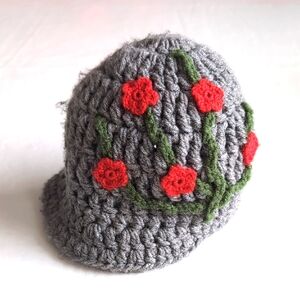 Flood Handmade Crochet Hat w/ Brim in Gray w/ Red Flower Details